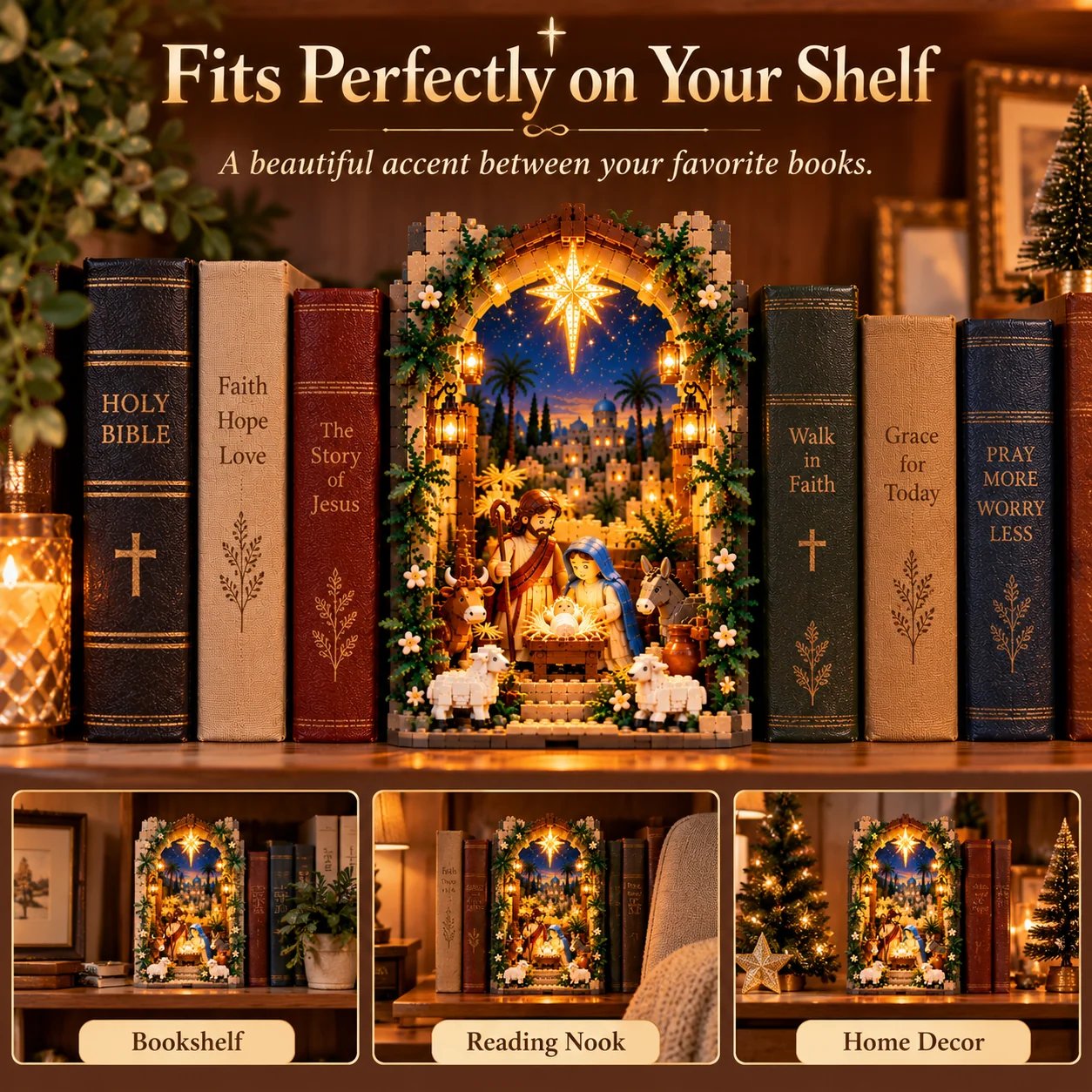 Lighted Bethlehem Nativity Book Nook displayed in bookshelves and Christmas spaces