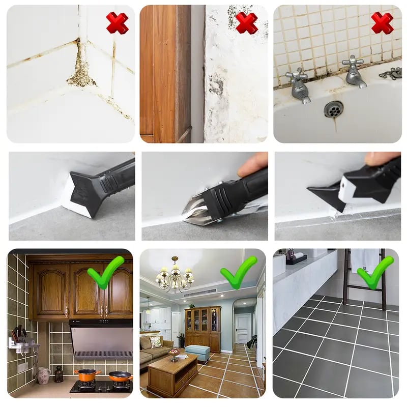 Product Introduction of Springtok Caulking Tool 5 in 1 Silicone Caulking Grout Removal Sealant Finishing Tool with Grout Scraper, 6 Exchange Silicone Pads, Adhesive Residue Scraper Seam Repair Kit for Kitchen Bathroom 7