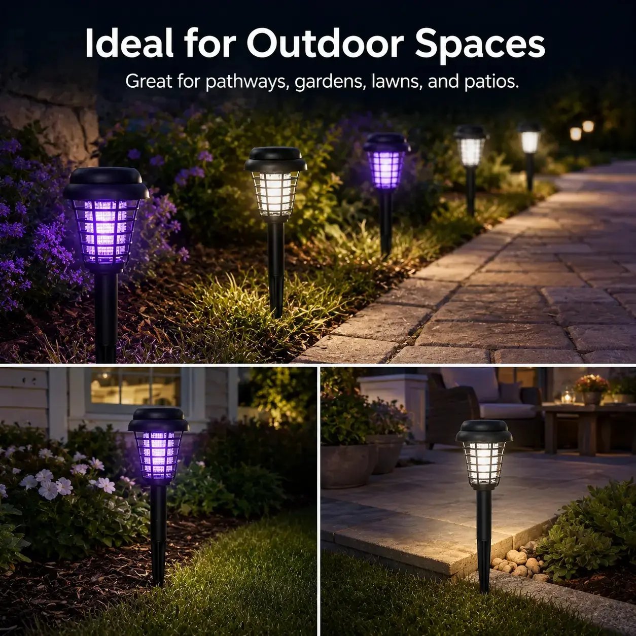 Showcase of stake lamps placed alongside various home lawns, paths, and outdoor steps Showcase of stake lamps placed alongside various home lawns, paths, and outdoor steps