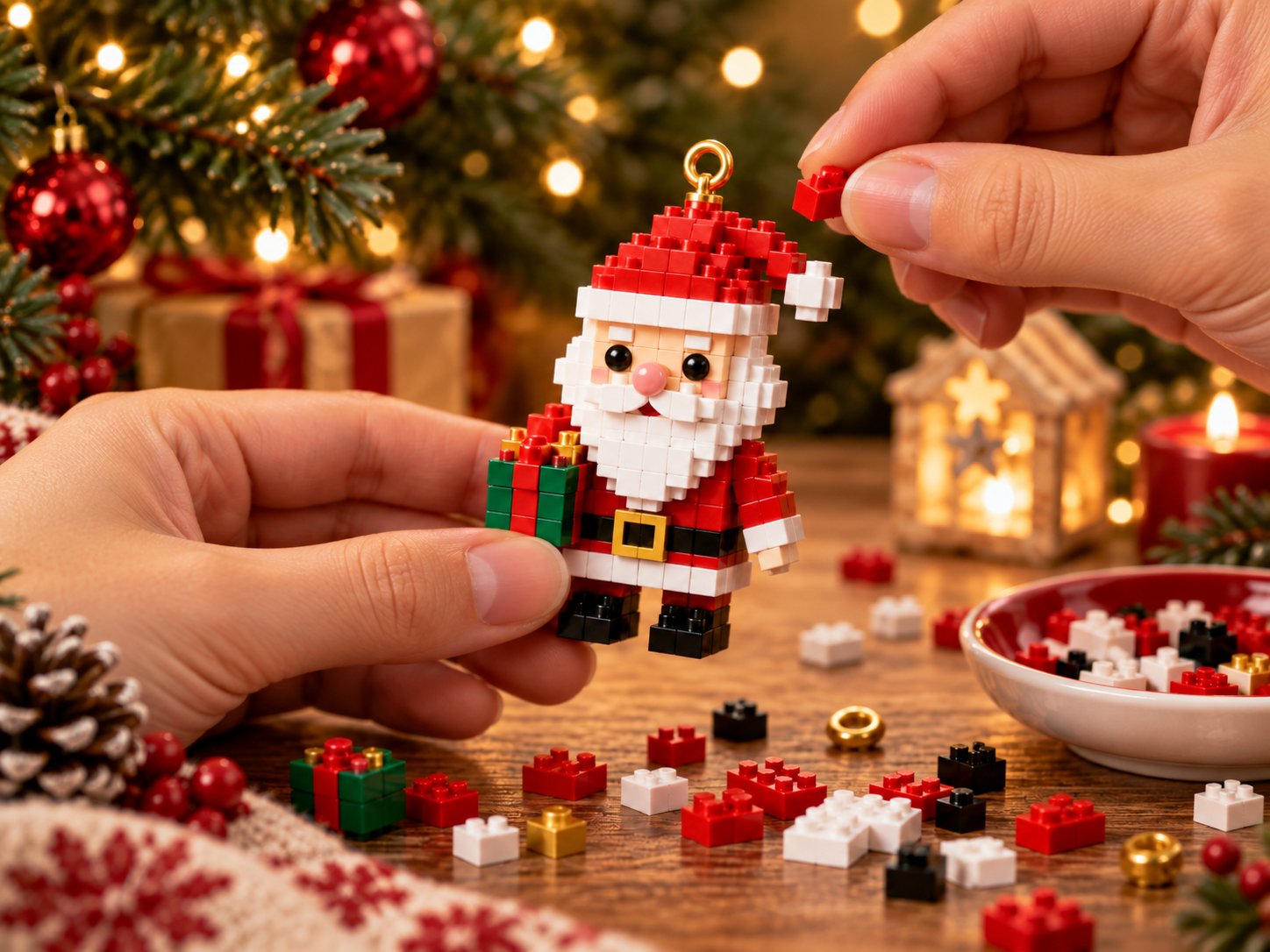Zelfgebouwde kerstman in de hand
