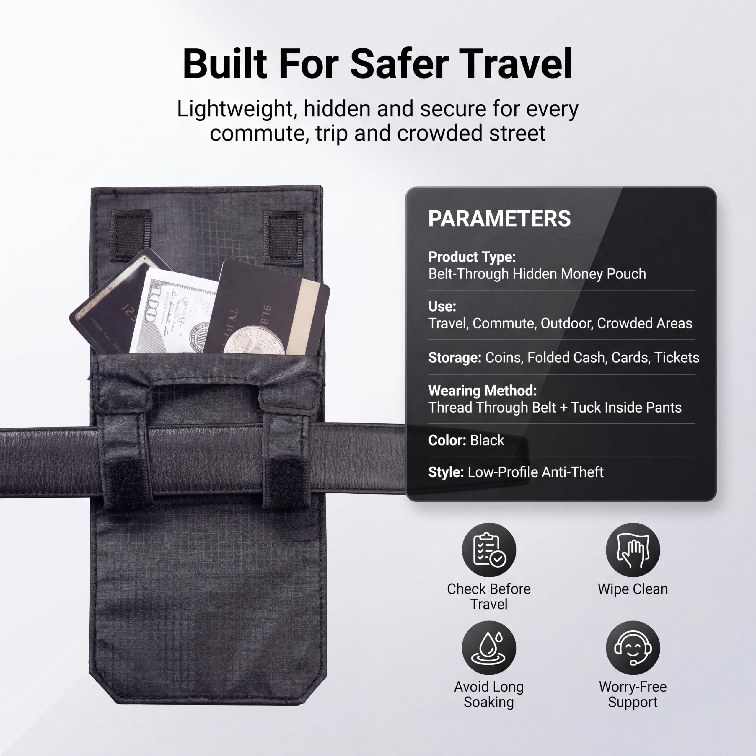 Black belt-through hidden money pouch with product specifications, storage examples and care instructions