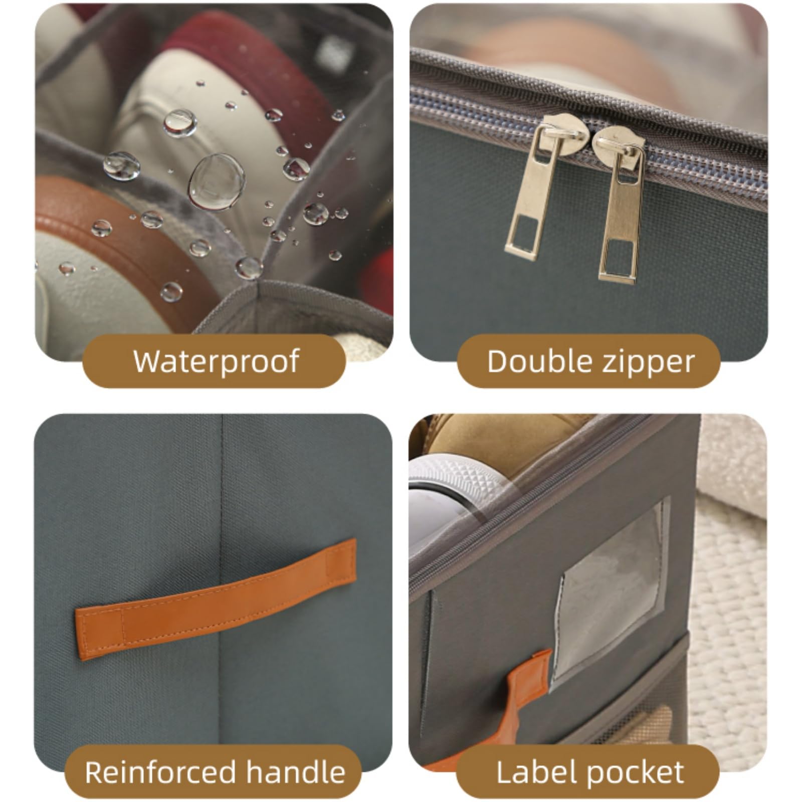Waterproof, Double Zipper, Reinforced Handle, and Label Pocket Details