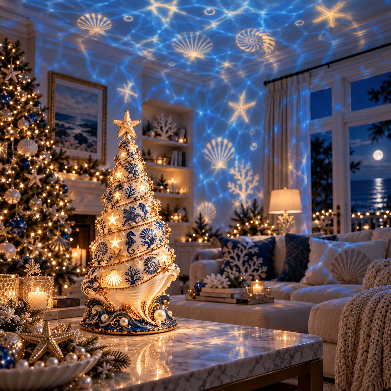 Ocean projection from Coastal Christmas Seashell Tree across walls and ceiling