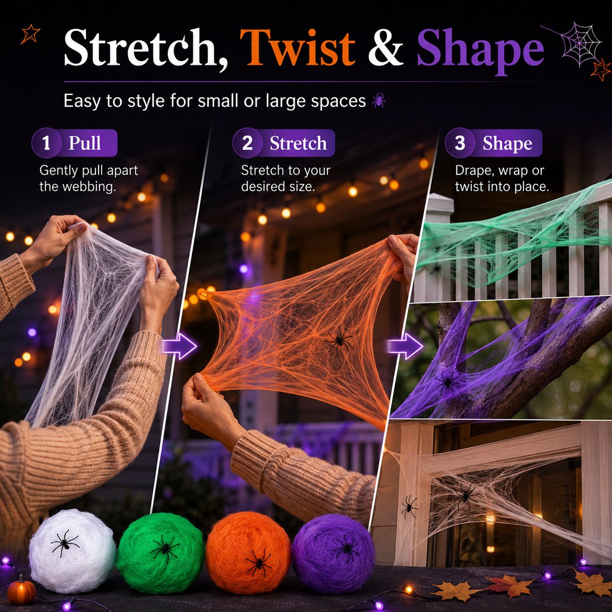 Pull stretch twist and shape Halloween spider web decoration