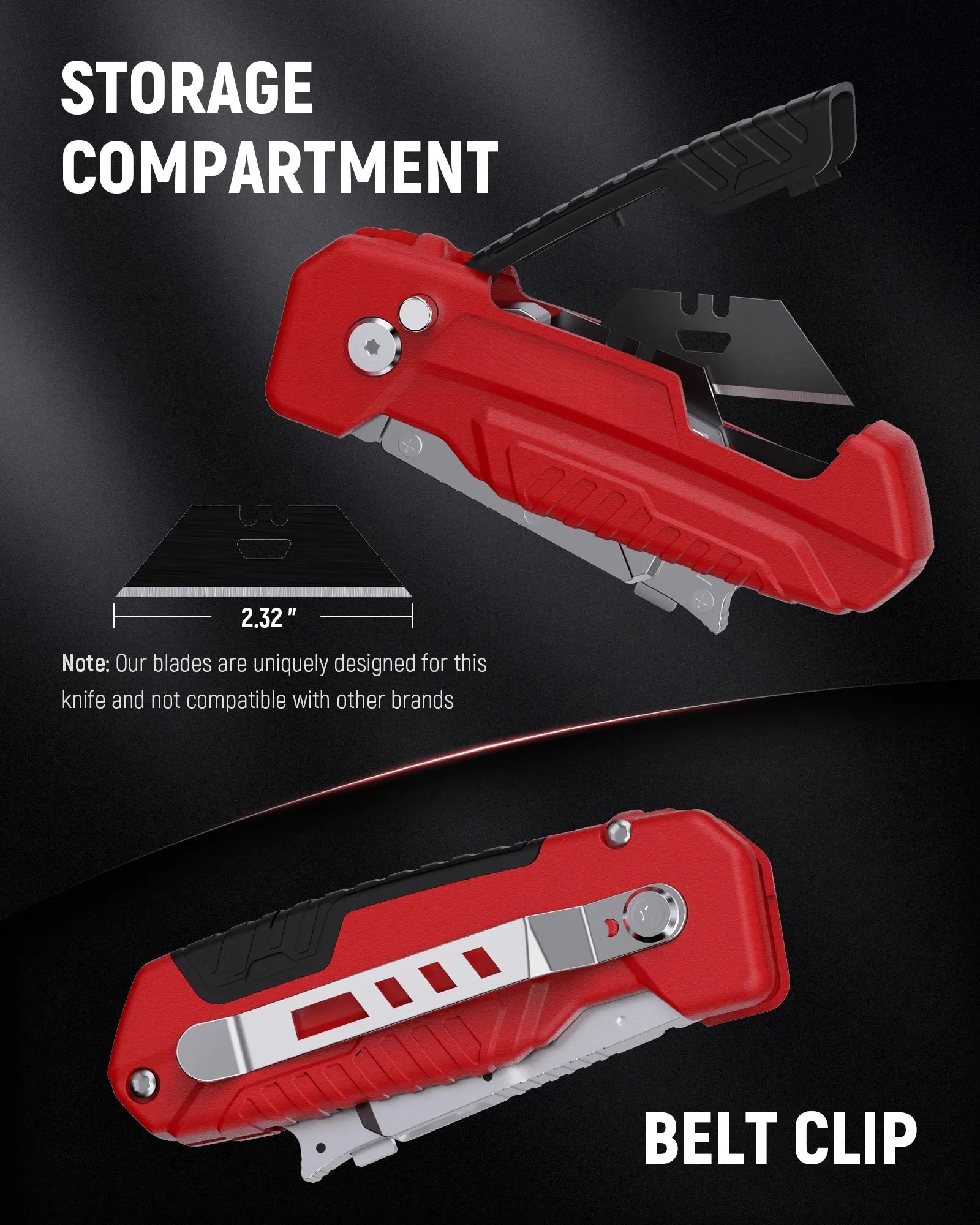 Hidden blade storage compartment handle and stainless steel belt clip