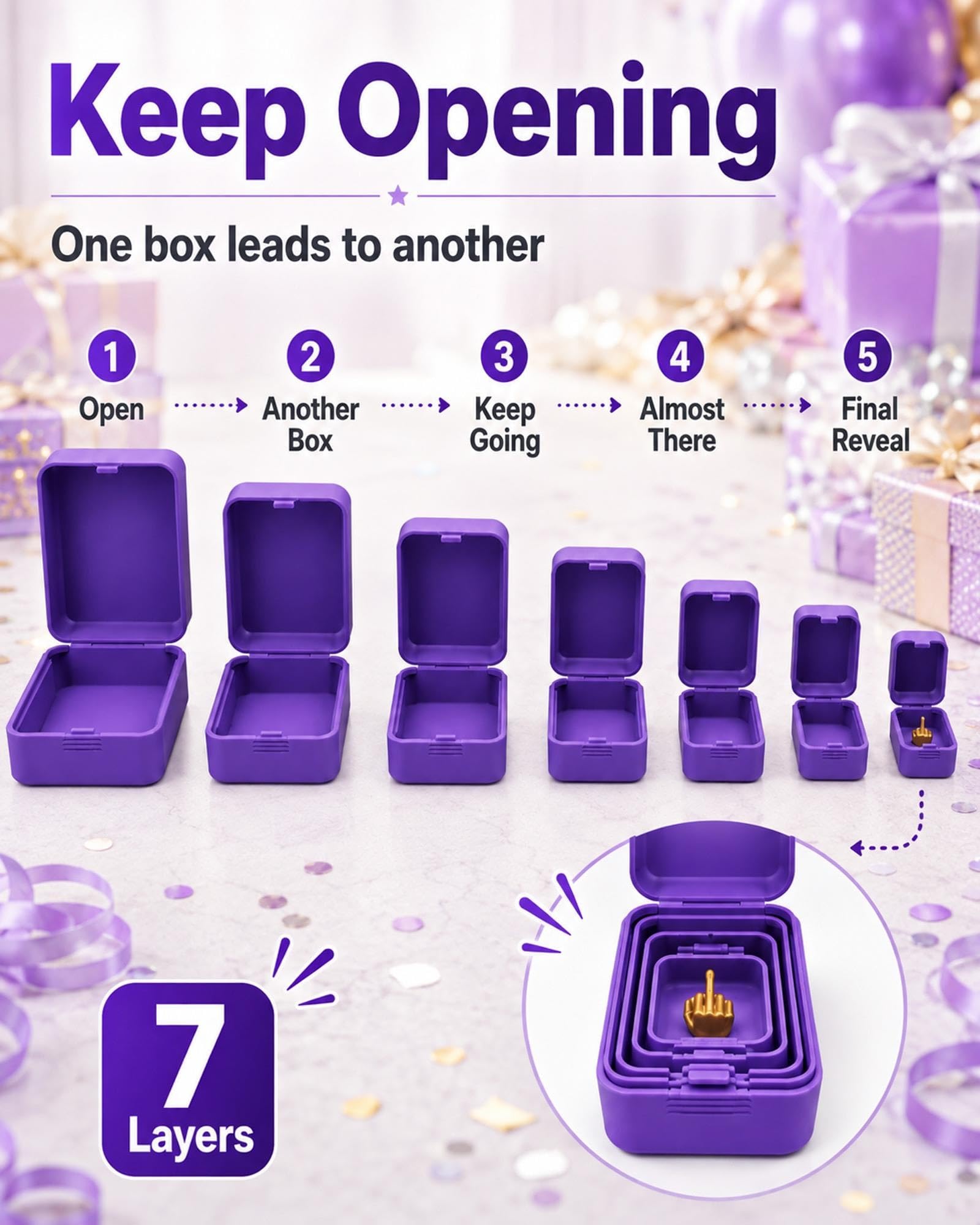 Seven progressively smaller prank boxes shown from first opening to final reveal