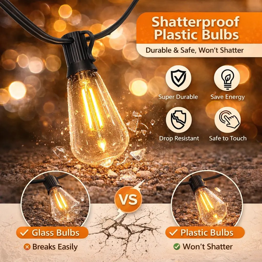 Shatter-resistant plastic vintage Edison bulbs for outdoor string lights Shatter-resistant plastic vintage Edison bulbs for outdoor string lights