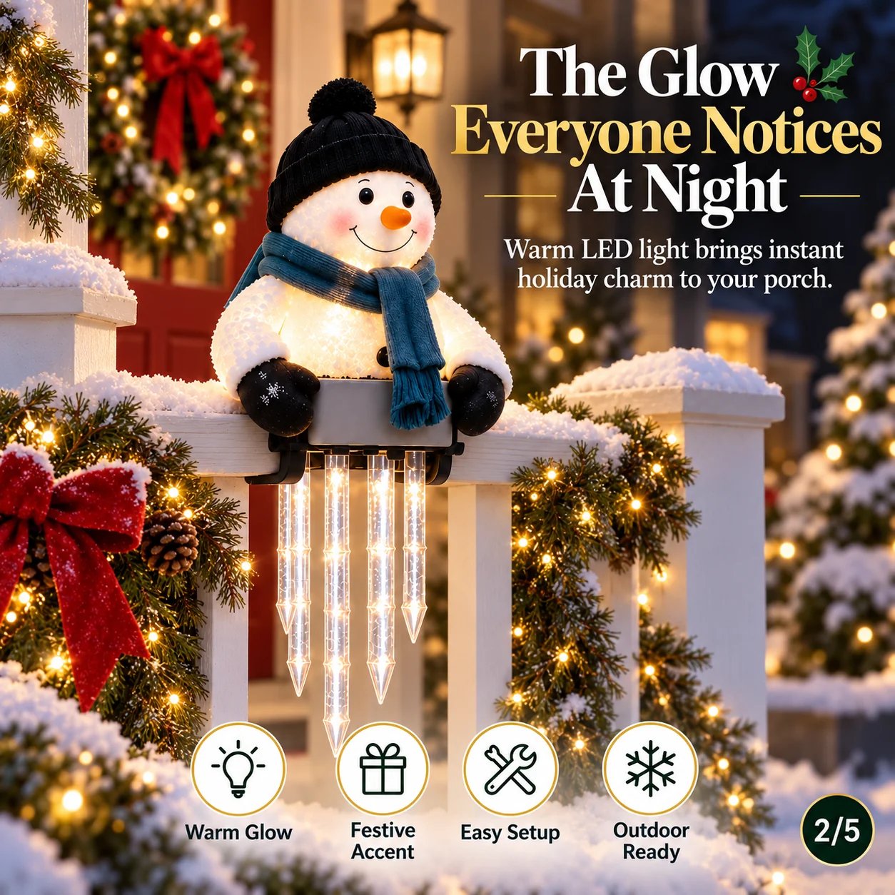 Several snowman Christmas lights on porch railing Several snowman Christmas lights on porch railing