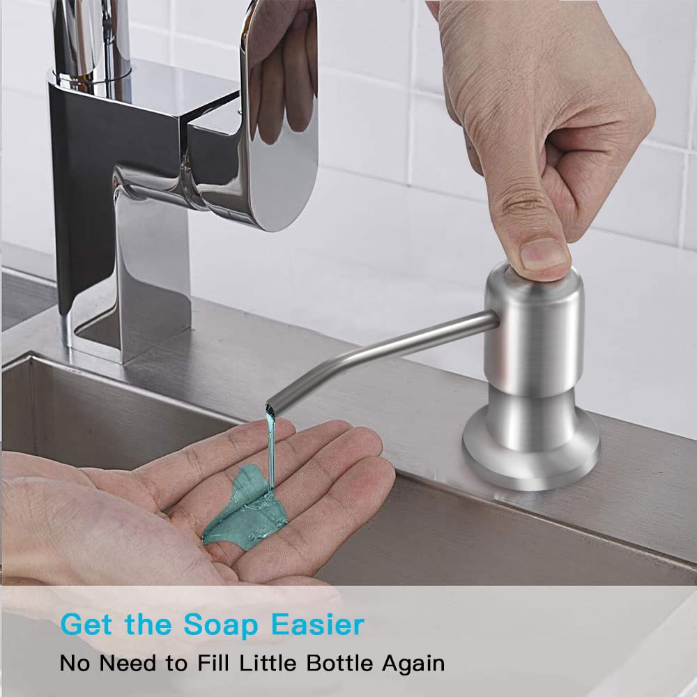 Hand Pressing the Brushed Nickel Soap Dispenser Spout Smoothly