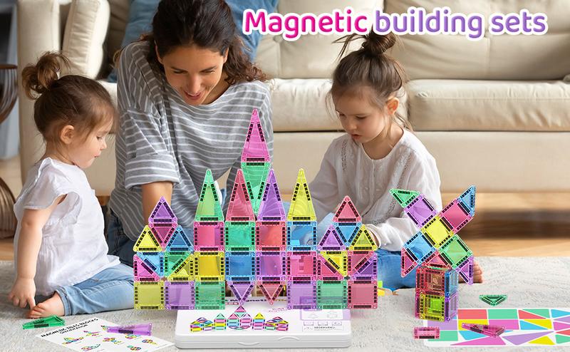 Hotfree Mini Magnetic Tiles Building Blocks 40PCS - Montessori Educational Magnet Travel Construction Set with Iron Storage Box, Airplane Activities Toys, Toddler Birthday Gift for Boys & Girls Ages 3-8