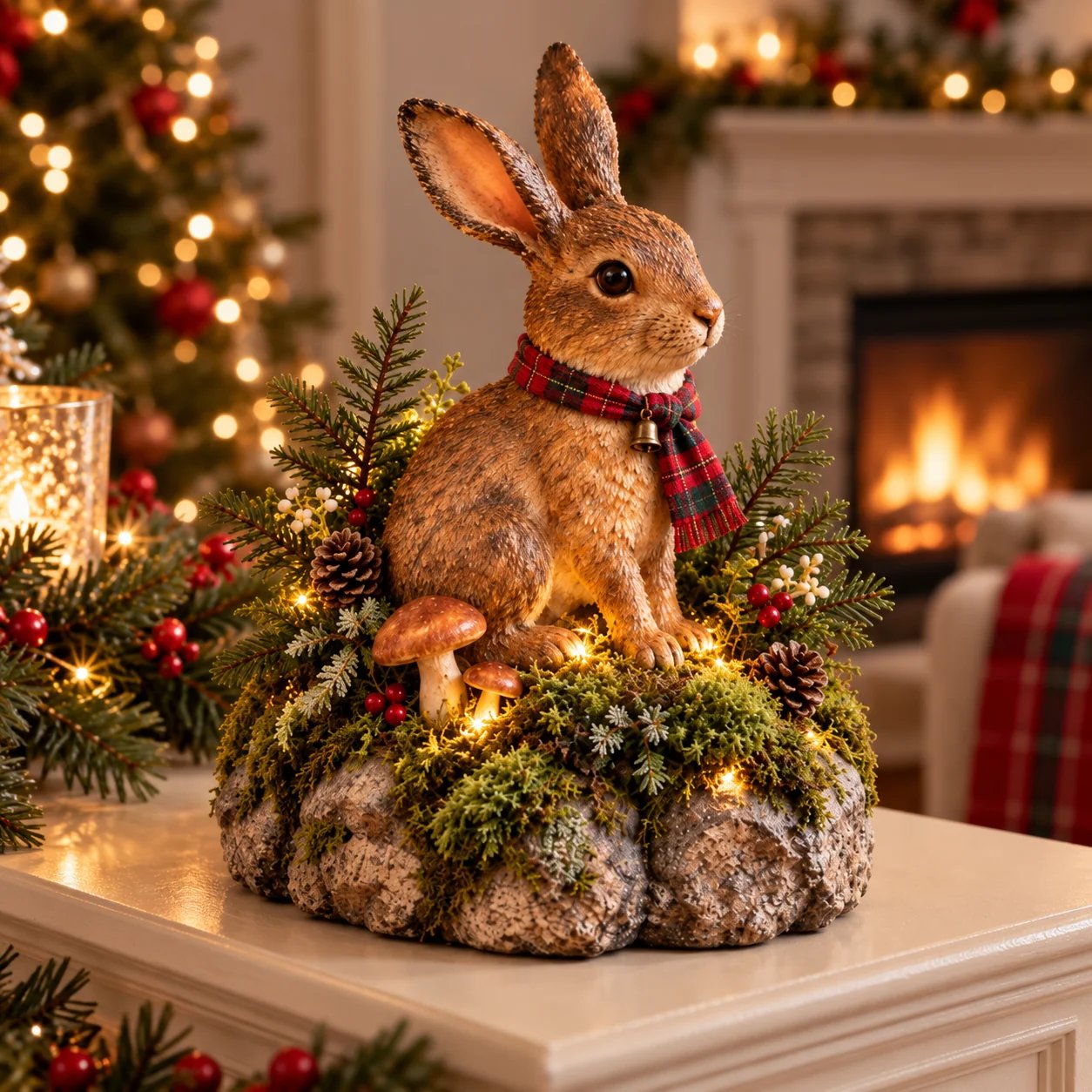 Lighted woodland rabbit with tartan scarf beside a Christmas tree
