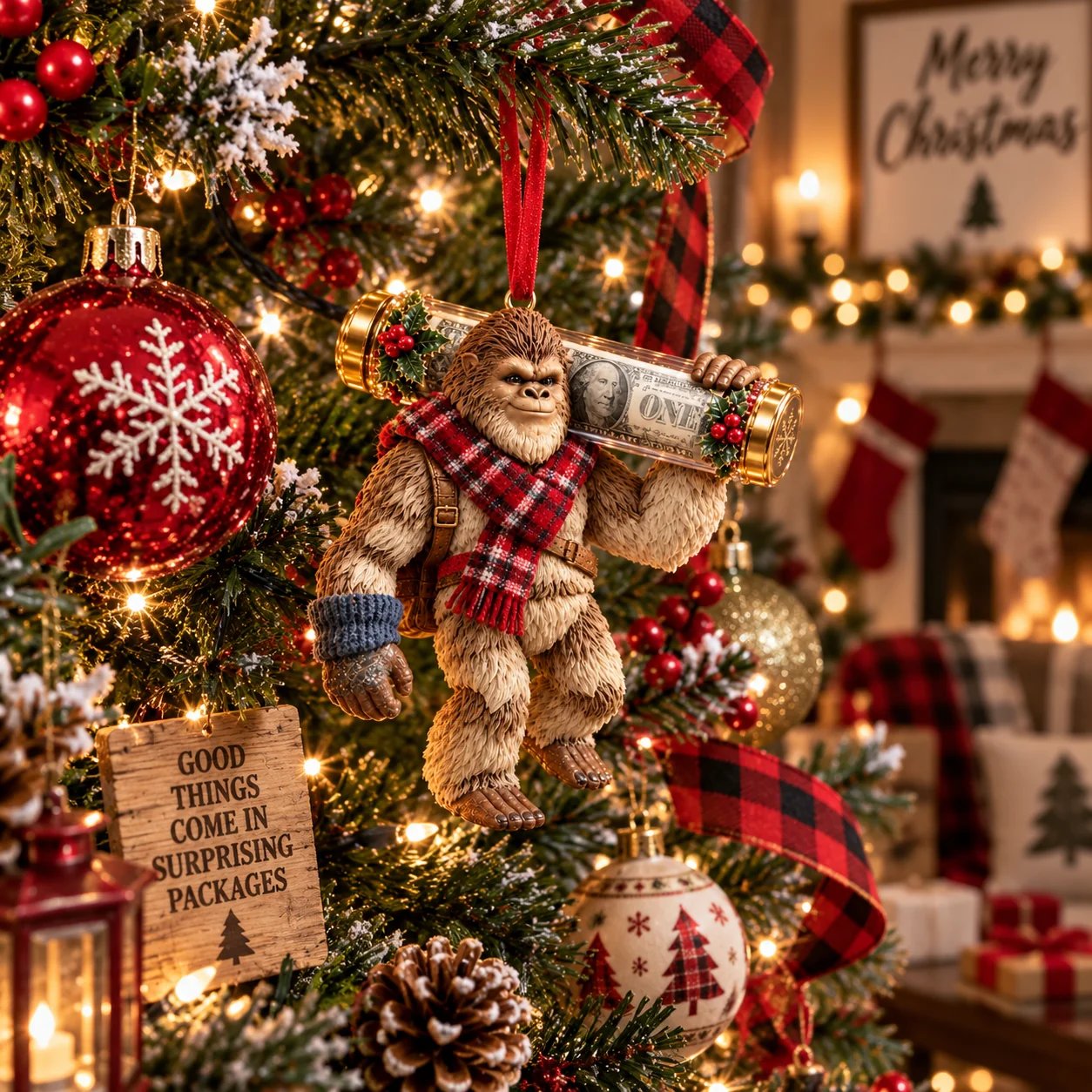 Bigfoot Cash Keeper ornament shown by hand on a Christmas tree