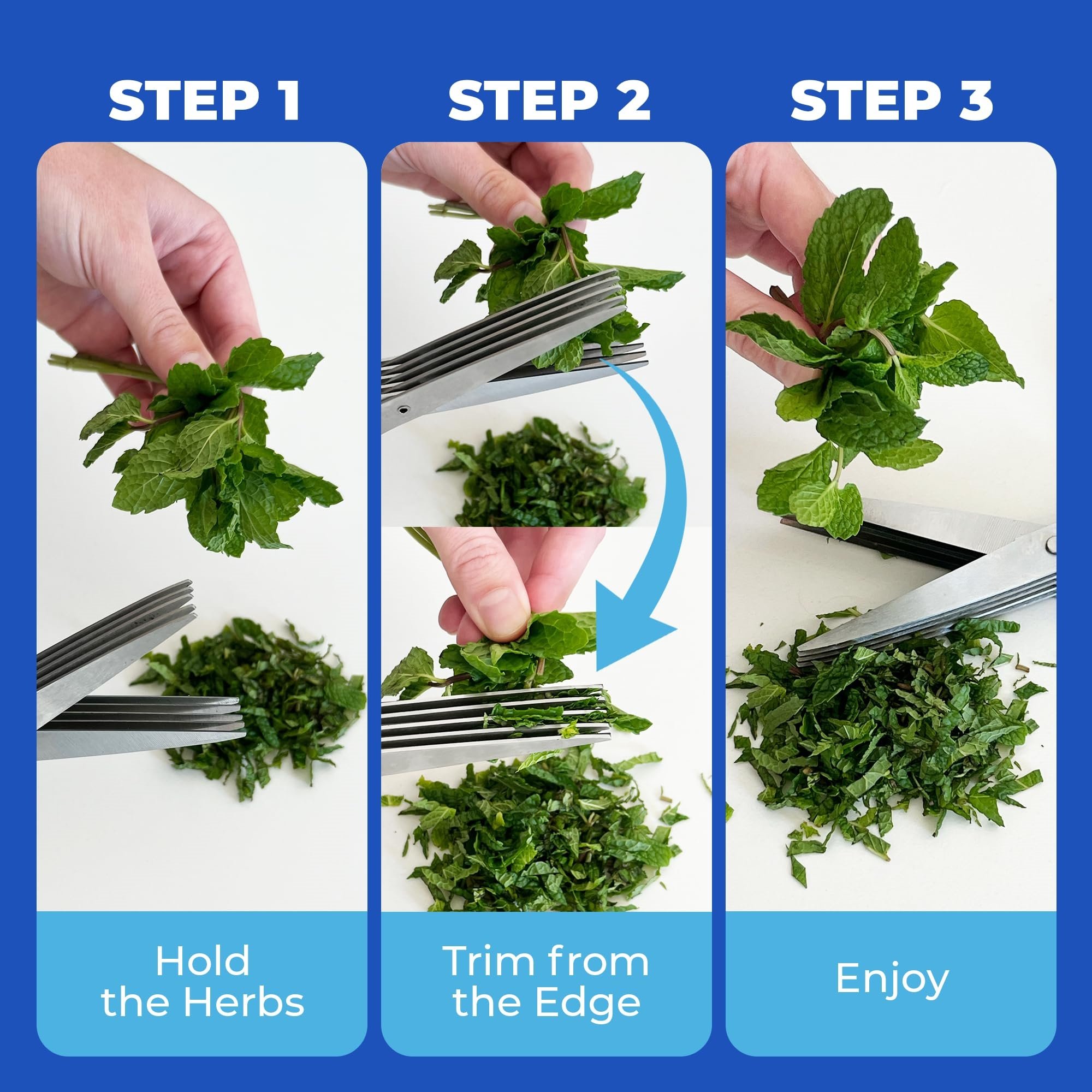 Three-step guide showing how to hold herbs, trim from the edge and enjoy evenly cut pieces
