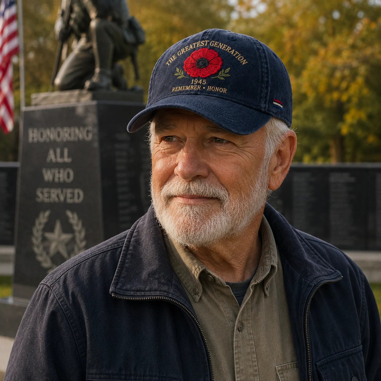 The Greatest Generation commemorative cap being worn