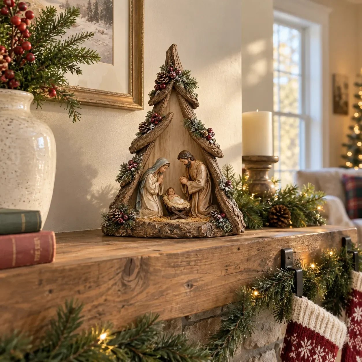 Old World Nativity Christmas mantel display