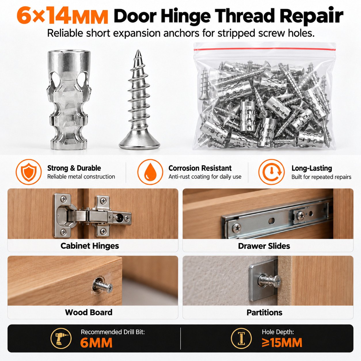 Metal short expansion anchor and carbon steel repair screw