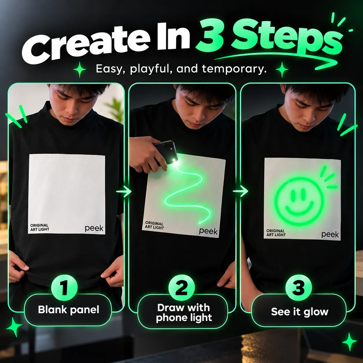 Create In 3 Steps - Blank panel, Draw with phone light, See it glow