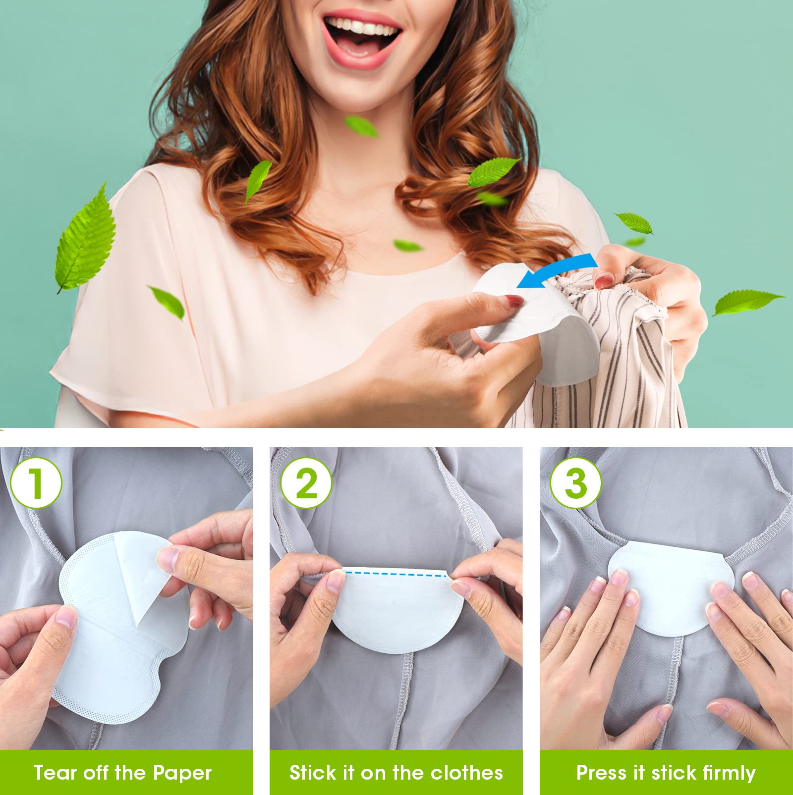 Step 1 Tear off the paper, Step 2 Stick it on the clothes, Step 3 Press it stick firmly