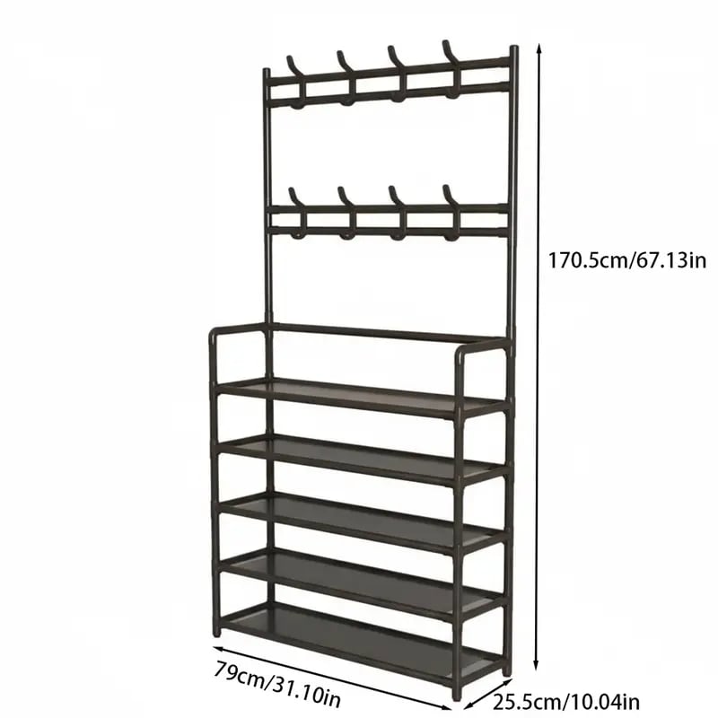 Entryway shoe and coat rack dimensions 67.13 inches high by 31.10 inches wide by 10.04 inches deep