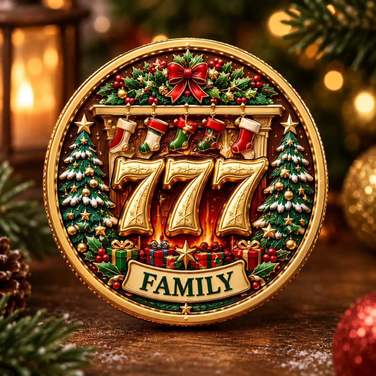 Family coin with Christmas fireplace stockings and trees