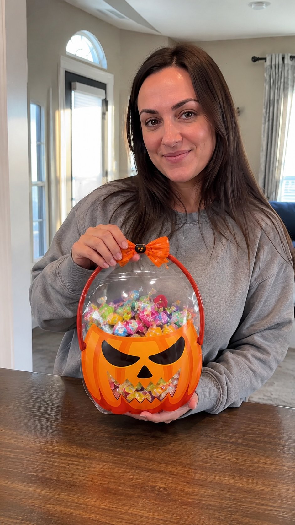 Customer photo of an orange pumpkin Halloween treat bag filled with wrapped candy