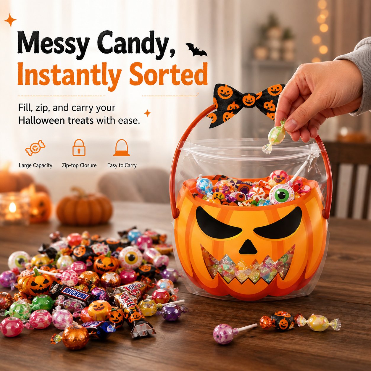 Halloween candy being organized into a pumpkin treat bag