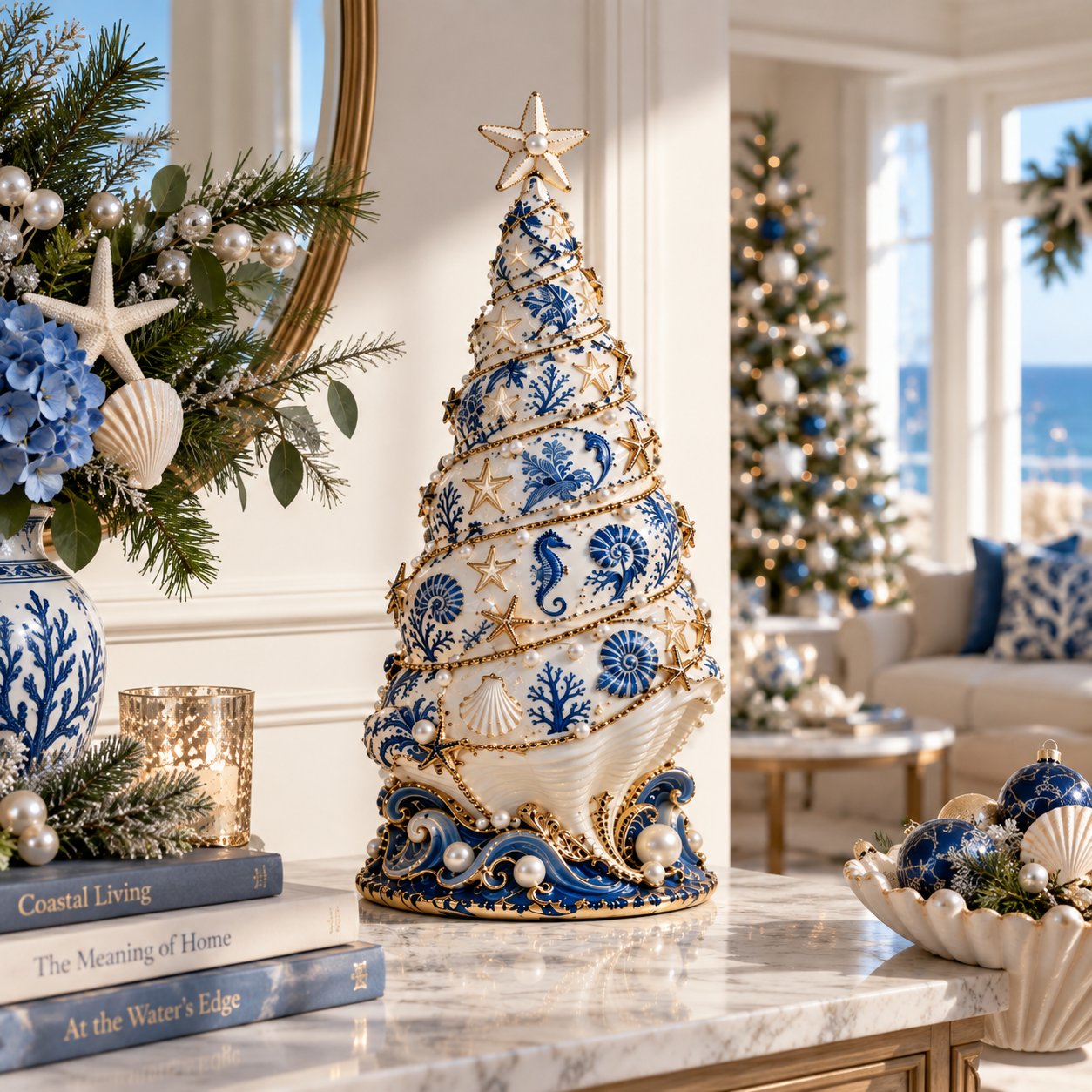 Coastal Christmas Seashell Tree displayed in a bright coastal holiday home