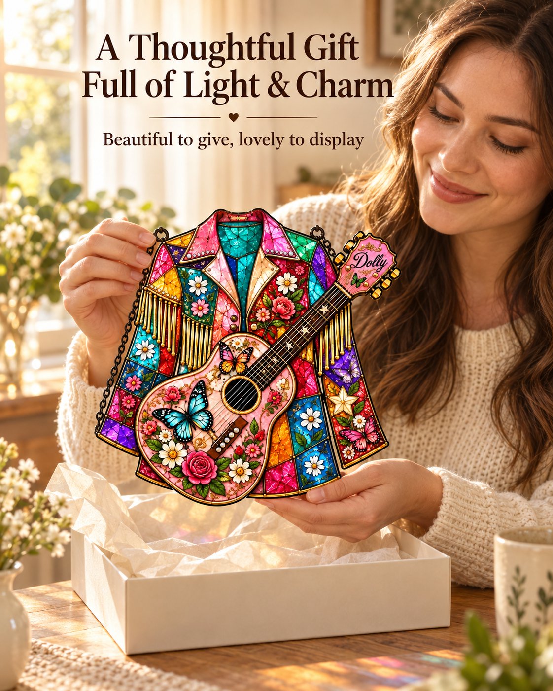 Woman receiving a colorful stained glass music inspired suncatcher as a gift
