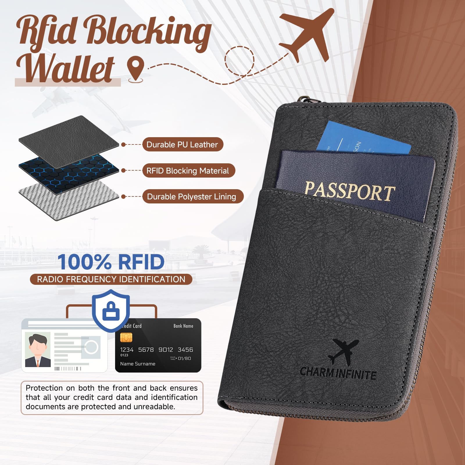 Black RFID-blocking passport wallet with a PU leather exterior, protective middle layer and polyester lining