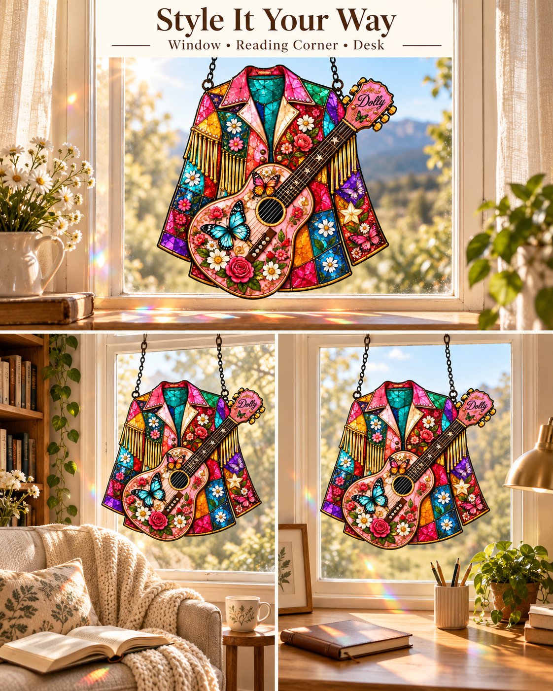Three ways to display the stained glass suncatcher in a window reading corner and desk area