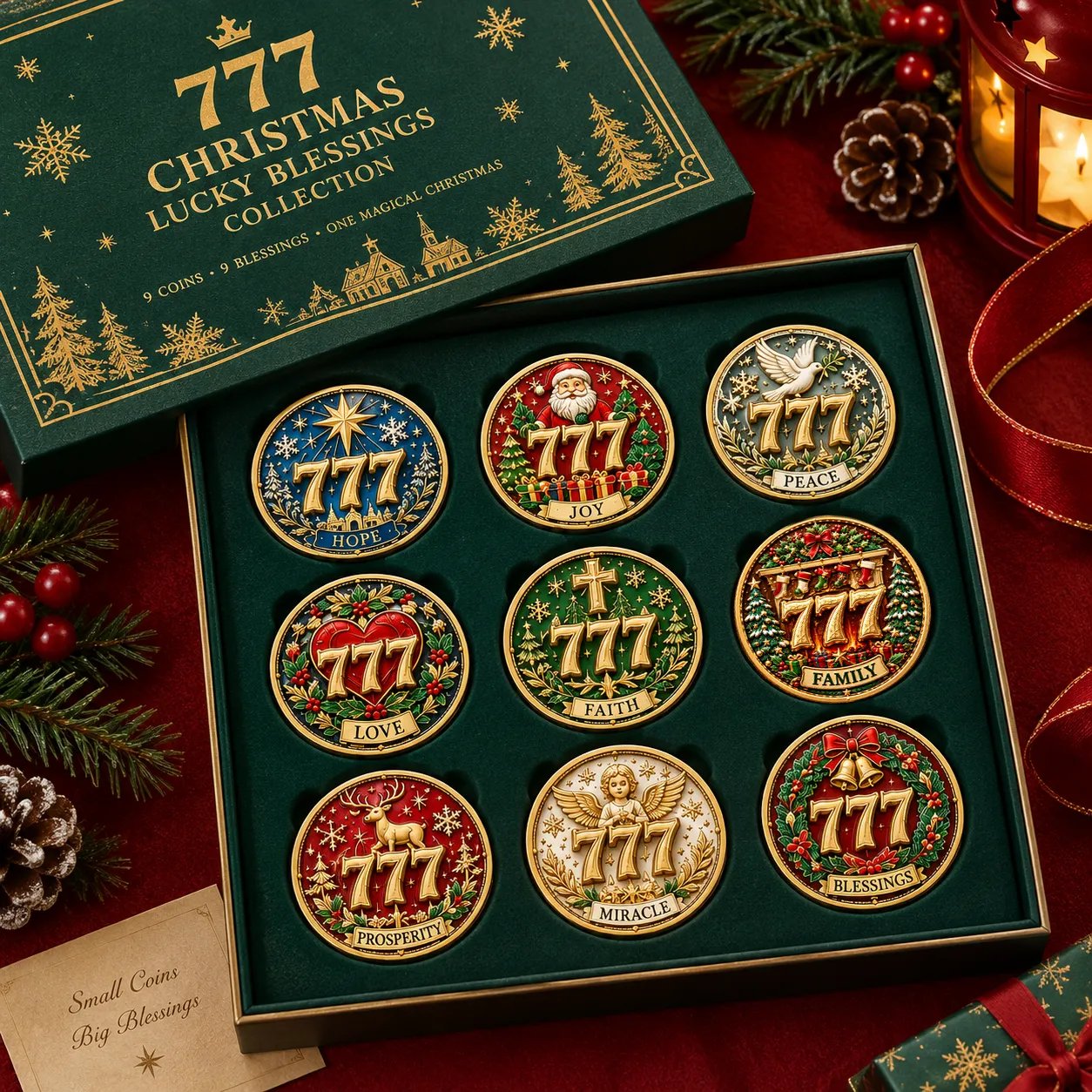 Nine 777 Christmas blessing coins in their green gift box