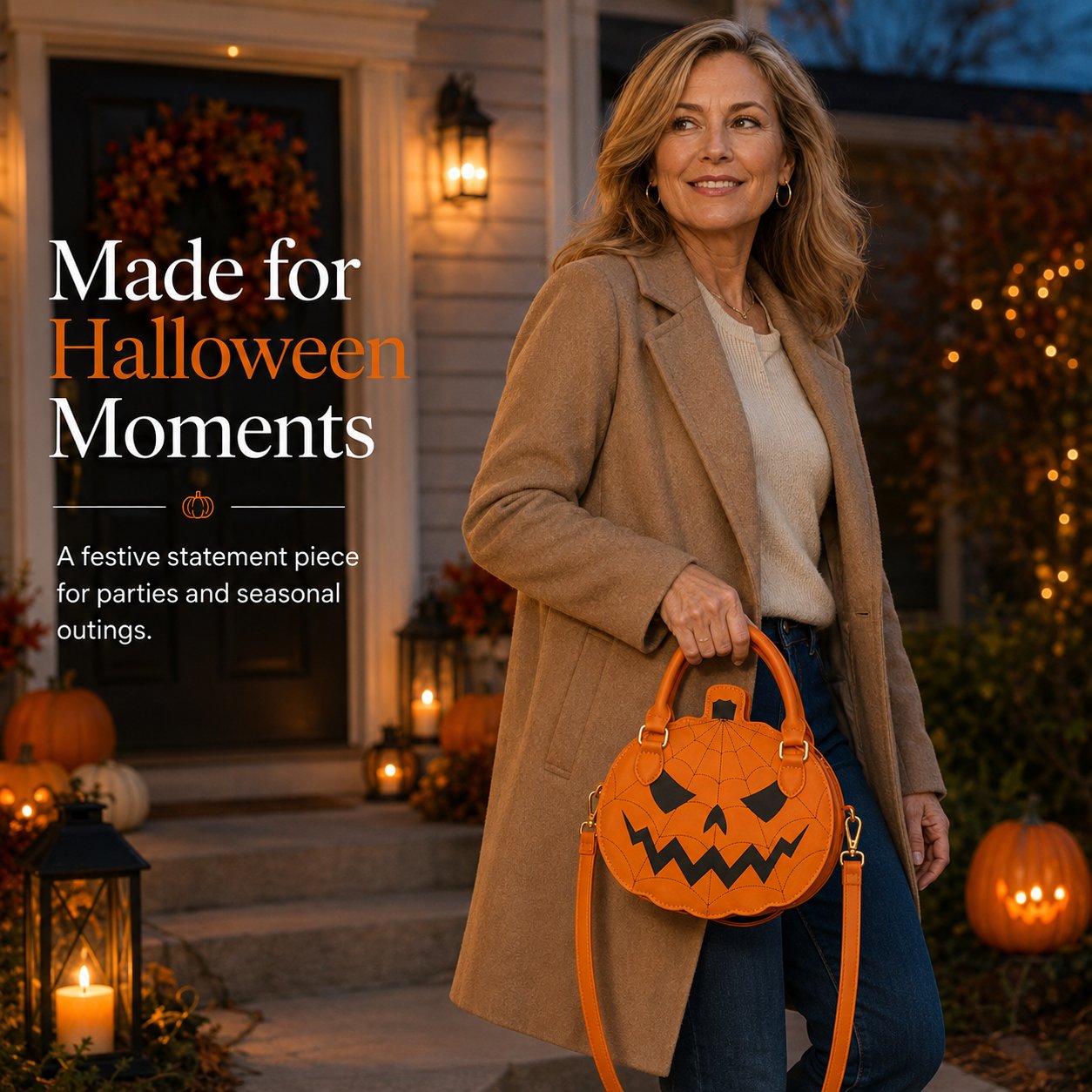 Woman carrying orange pumpkin handbag outside a decorated Halloween porch at dusk