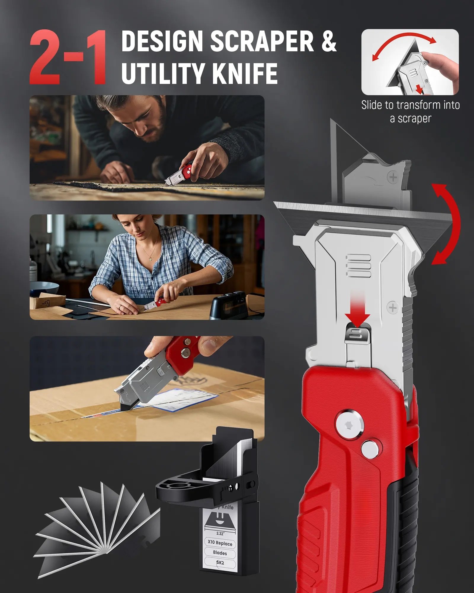 Slide to transform from utility knife to scraper application scenes