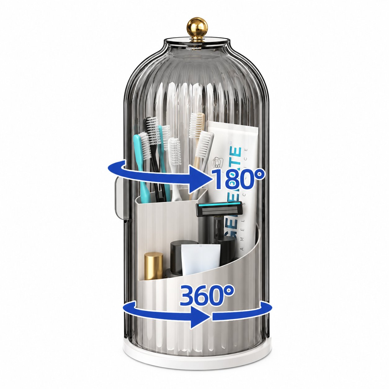 Smoky clear rotating covered organizer holding toothbrushes and toothpaste with 180 degree cover and 360 degree base