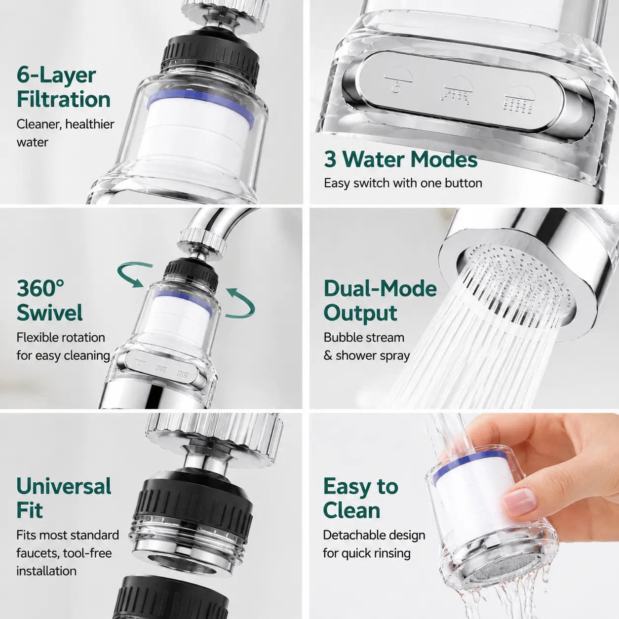 Faucet aerator features including six layer filtration, three water modes and detachable filter housing