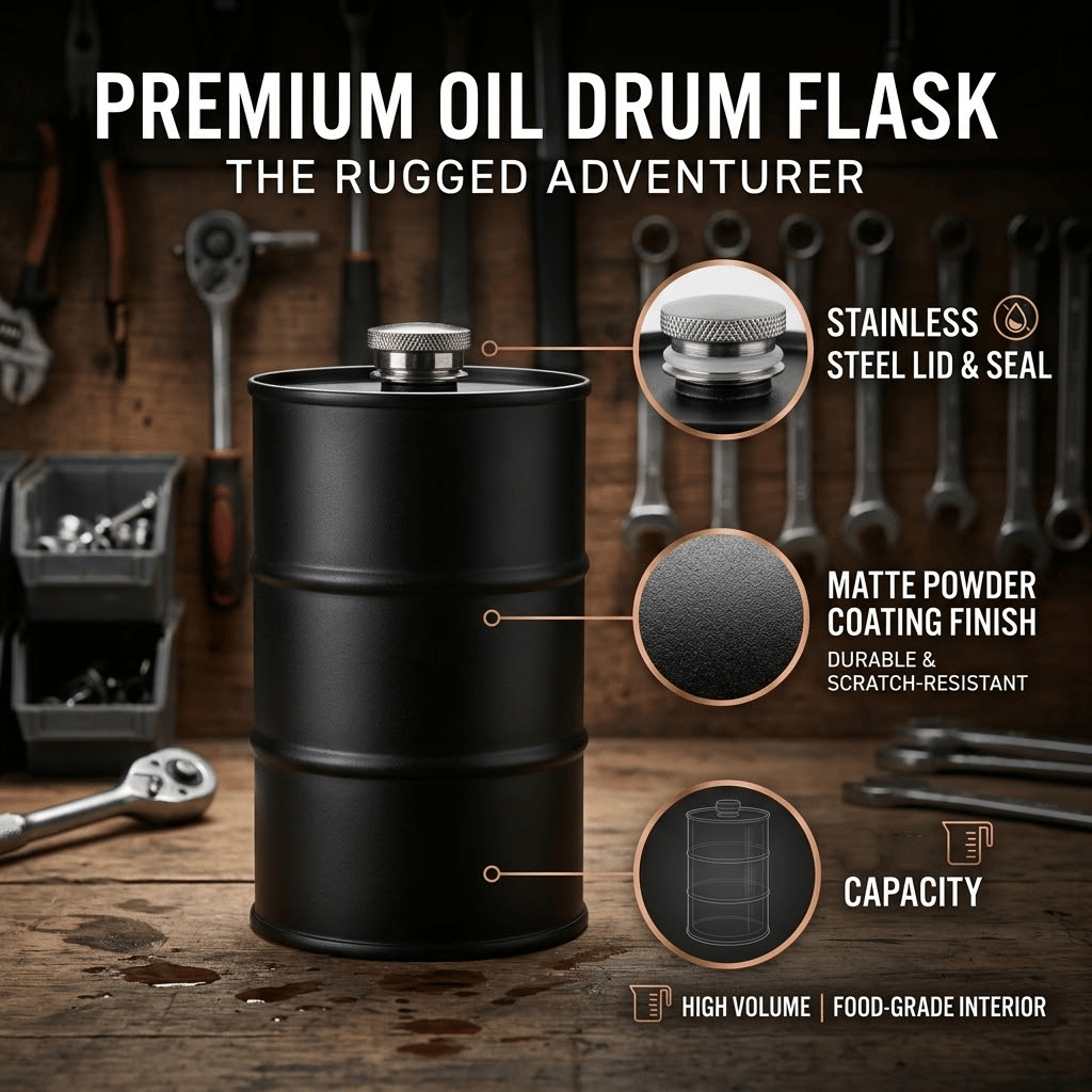 Portable stainless-steel flagpole-inspired flask