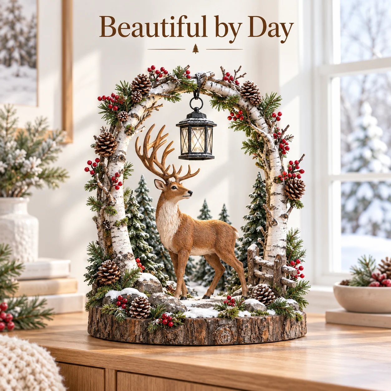 Glowing woodland reindeer lantern Christmas decoration at night