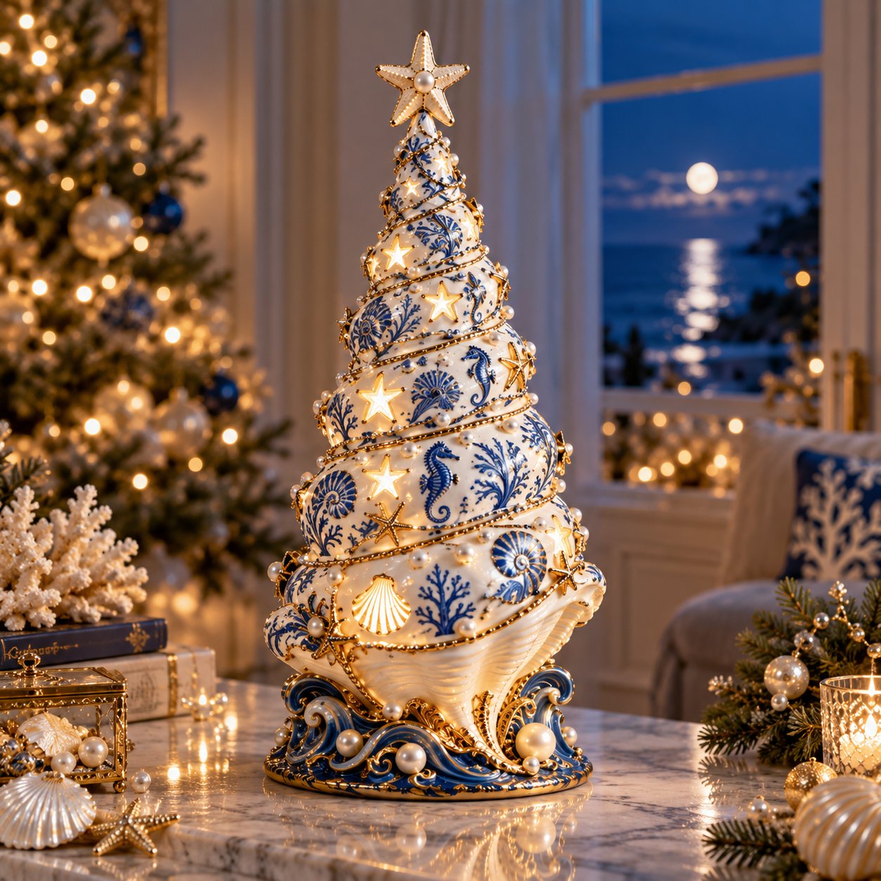 Illuminated blue and white coastal Christmas seashell tree