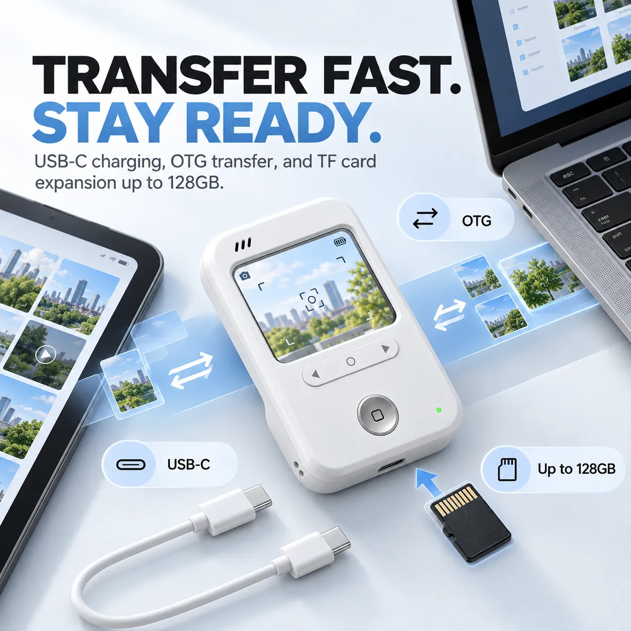 Transfer Fast Stay Ready - USB-C charging, OTG transfer, and TF card expansion up to 128GB