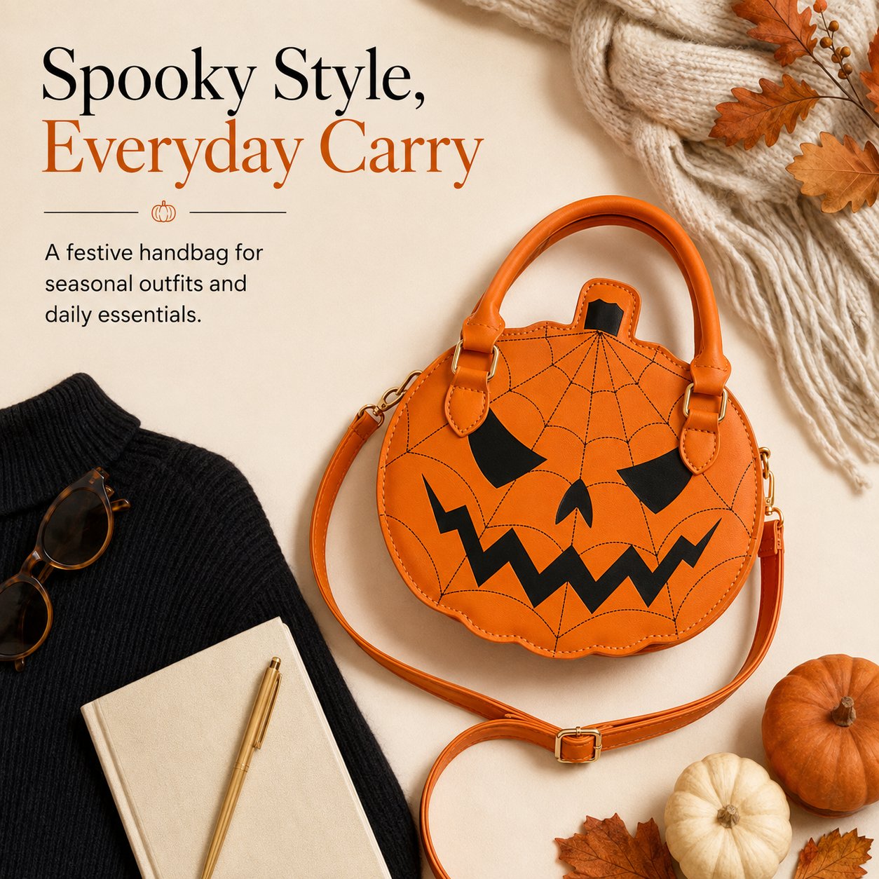 Orange pumpkin handbag styled with autumn clothing and accessories