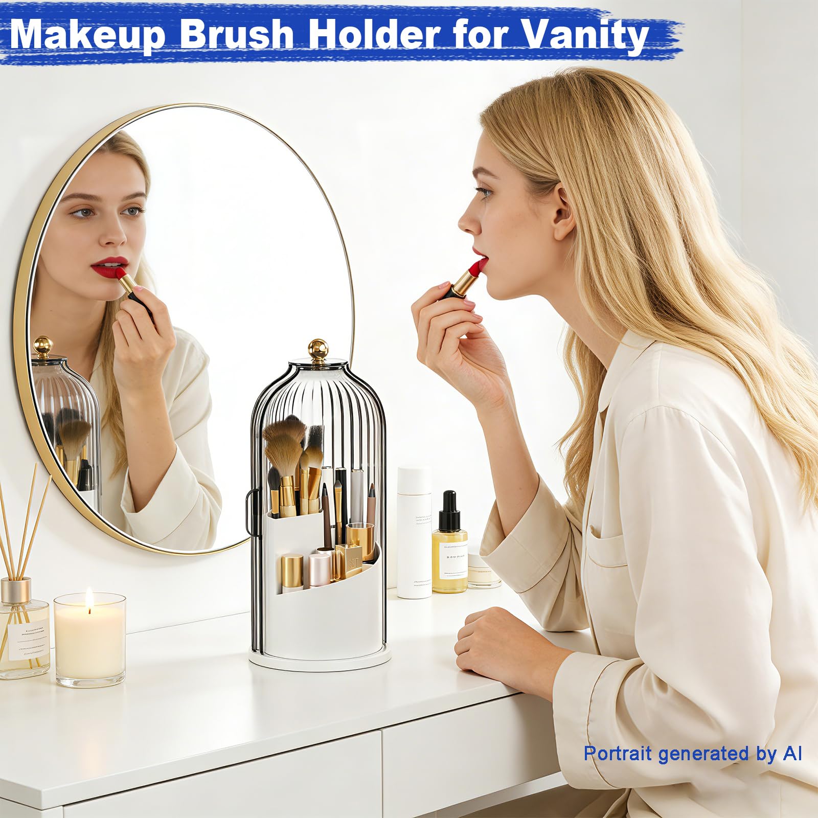 Covered organizer holding makeup brushes and cosmetics on a vanity beside a mirror