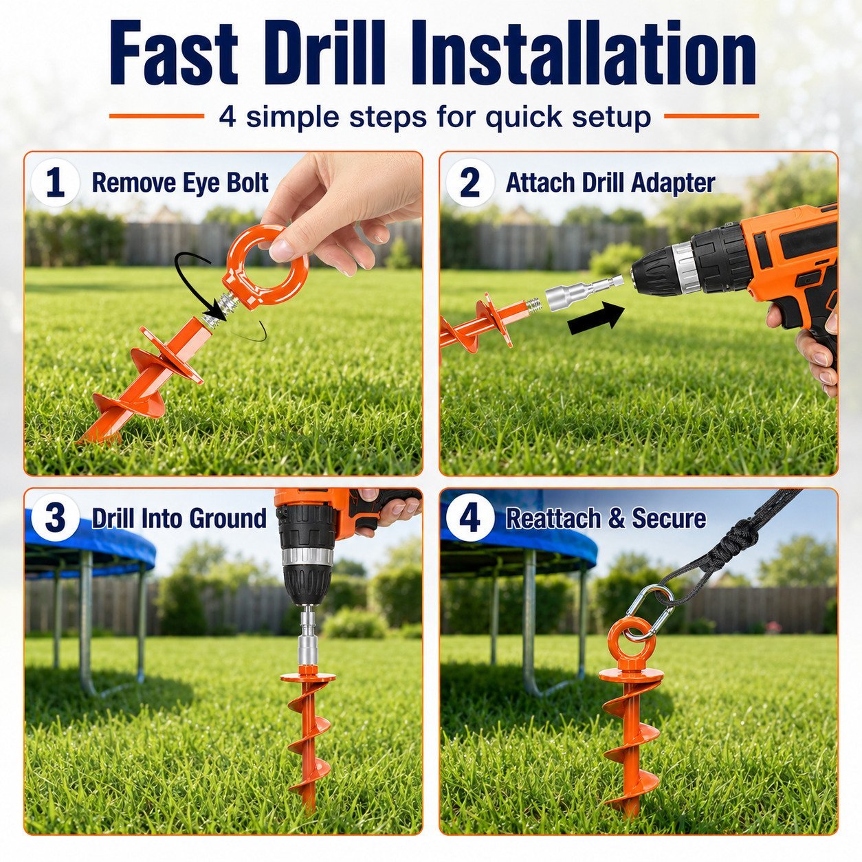 Four step drill installation for spiral ground anchors