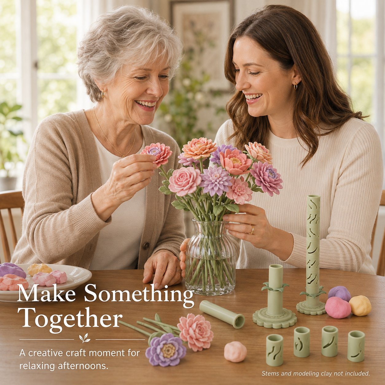 Older mother and adult daughter arranging colorful handmade clay flowers beside the bloom maker
