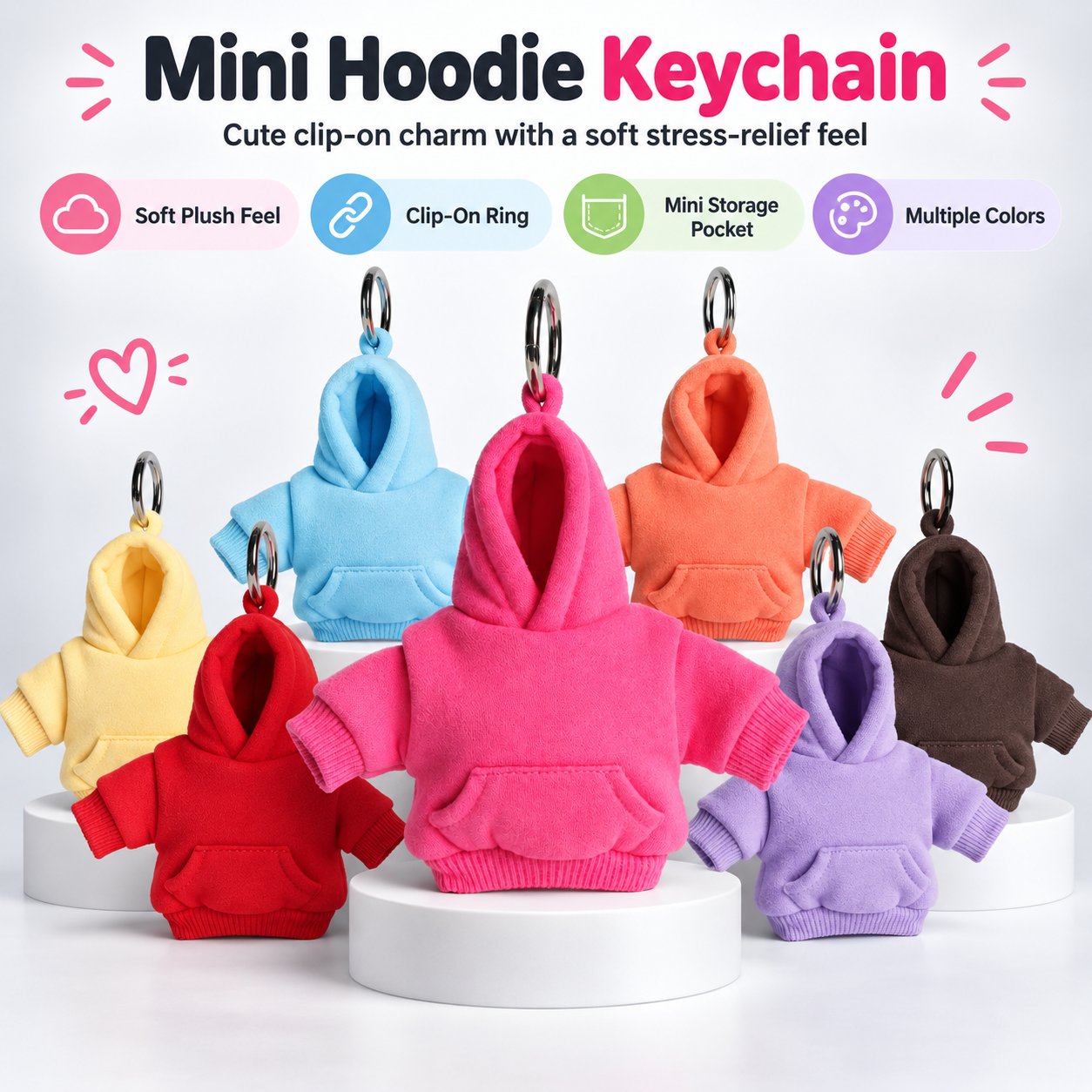 Mini plush hoodie keychains in seven colors with metal rings and small front pockets