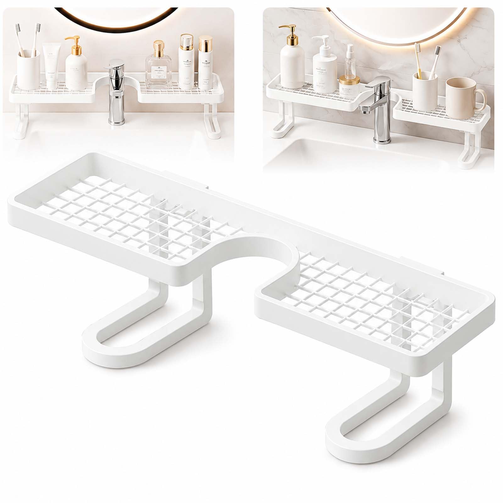 White U-shaped over-the-faucet organizer holding bathroom bottles, toothbrushes and a cup