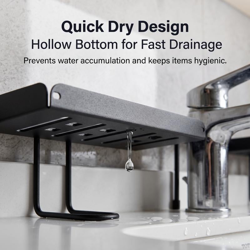 Quick drain slotted sink shelf allowing water to drain from bathroom organizer