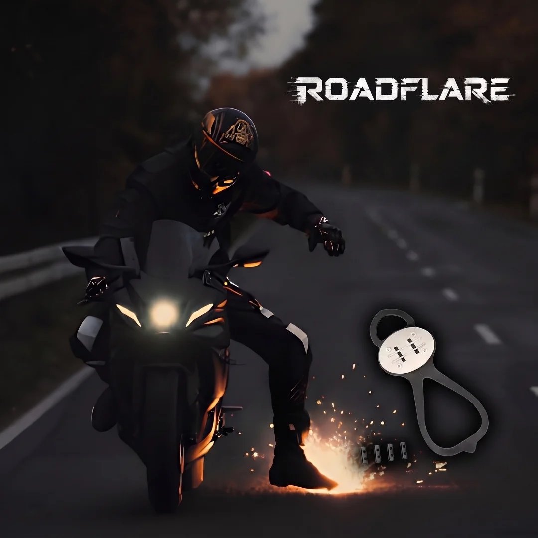 Motorradfahrer mit Funkenspur bei Nacht