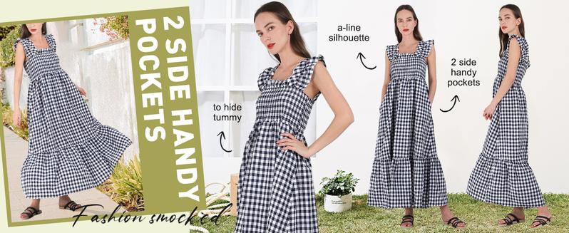 Product Introduction of Chouyatou Women's Retro Plaid Smocked Dress Spaghetti Strap Flounce Long Dress 7