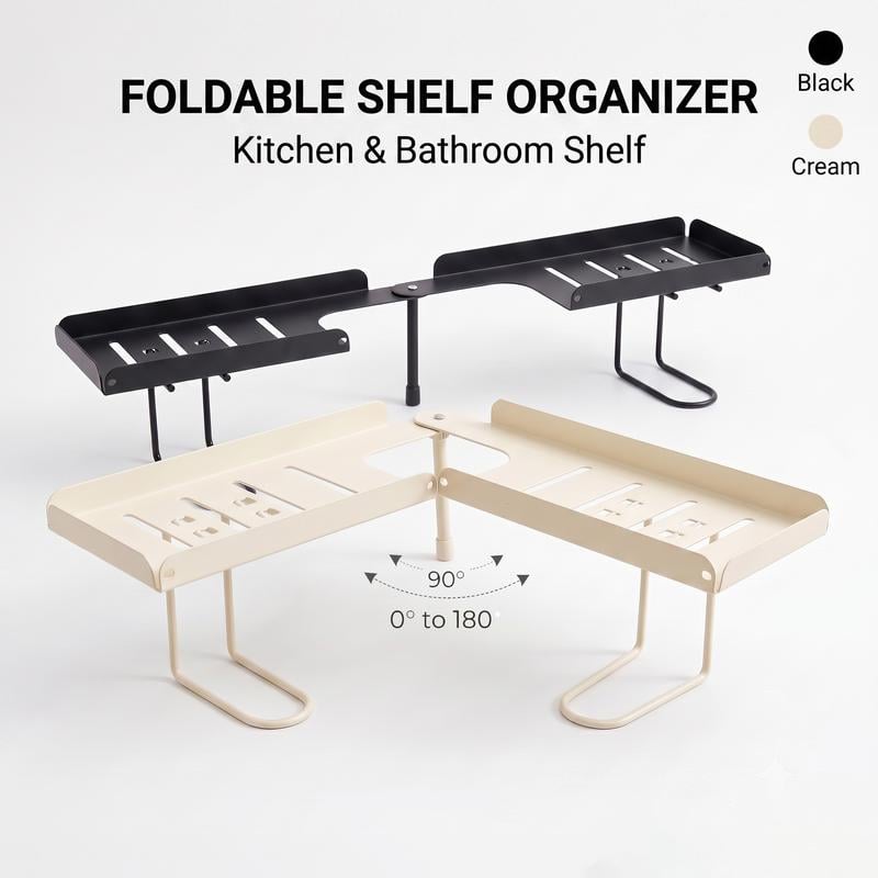 Foldable over faucet sink organizer shelf in black and cream