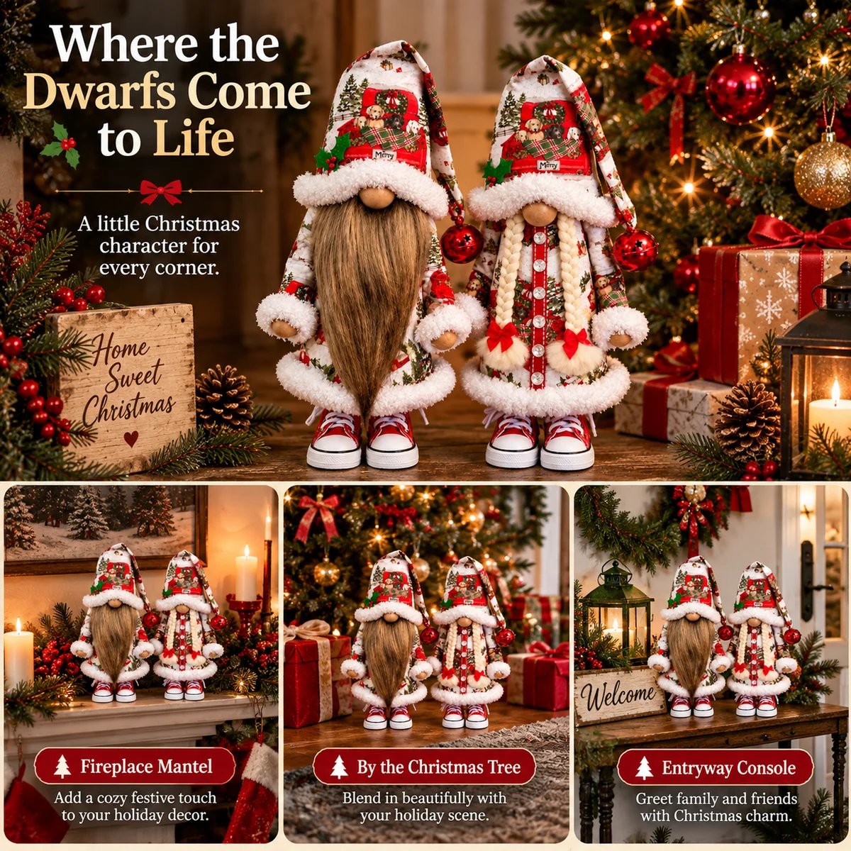Christmas gnomes shown in mantel, tree, and entryway displays